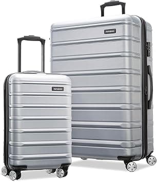 Samsonite Omni 2 2Pc Set (55 + 69 cm), 4 Spinner Wheels, Polycarbonate, Arctic Silver|Cross Ribbons|Expandable|Internal Divider Pad|TSA Lock - 3 Years International Warranty على Amazon.ae - متتبع الأسعار