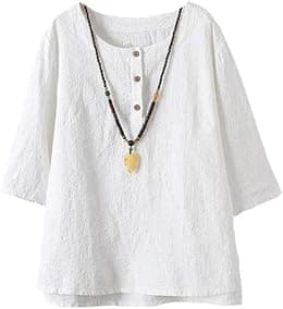 Minibee Women's 3/4 Sleeve Cotton Linen Jacquard Blouses Top T-Shirt - Best Deal Finder