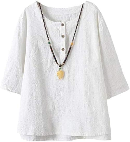 Minibee Women's 3/4 Sleeve Cotton Linen Jacquard Blouses Top T-Shirt on Amazon.ae - Price Tracker