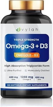Triple Strength Omega 3 Fish Oil 1280mg + Vitamin D3, 100 Softgels | 650mg EPA & 450mg DHA | Supports Heart, Brain, Bone & Immune Health على Amazon.ae - متتبع الأسعار