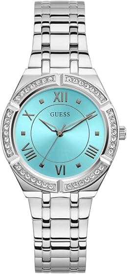 GUESS Silver-Tone and Teal Crystal Analog Watch - دليلك لأفضل العروض