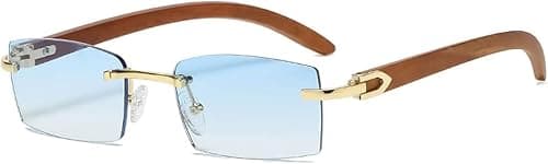 Frameless Sunglasses Rimless Women Fashion Sun Glasses with Imitation Wood Legs Blue Green Uv400 Lens Rectangle Sun Shades Men على Amazon.ae - متتبع الأسعار