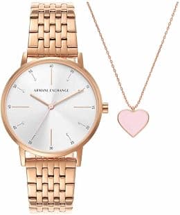 Armani Exchange Watch for Women, Quartz Three Hand Movement, 36 mm Rose Gold Stainless Steel Case with a Stainless Steel Strap, AX7145SET - Best Deal Finder