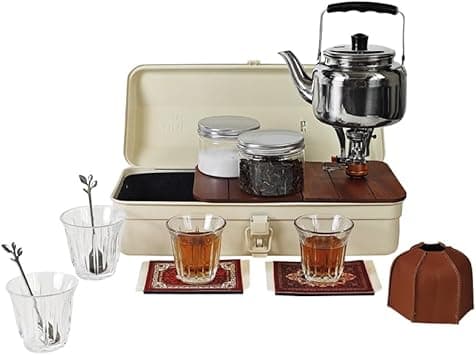 Portable Camping Tea Set with Metal Storage Box, Kettle, Mini Gas Stove &amp; Cups – Outdoor Tea &amp; Coffee Kit for Camping &amp; Desert Trips | عزبة شاي للتخييم مع صندوق معدني وإبريق وموقد غاز on Amazon.ae - Price Tracker