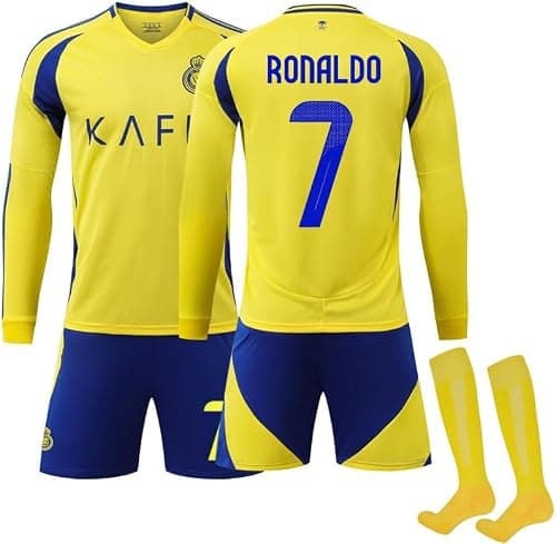 2024-2025 RiyadhVictory Home RO'NALDO #7 Replica Jersey Kit - Men's, Youth & Kids Soccer Training Set (Long Sleeve T-shirt, Shorts, Socks Combo) - Breathable Football Sports Outfit -Yellow على Amazon.ae - متتبع الأسعار