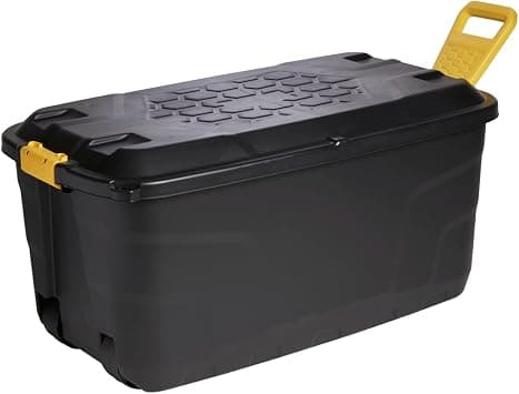 STRATA Made in UK, Heavy Duty Outdoor Storage Box with Lid, Wheels and Handle, Storage Trunk 110 Litres, 77L x 42W x 50.5H cm Black STR XW438 BLK/YEL EX - متتبع أسعار Amazon.sa