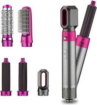 5-in-1 Hair Dryer and Styler, Rotating Design with Straightener and Curling Attachments, Pink, 20W - Best Deal Finder