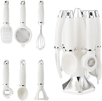 7-Piece Stainless Steel Kitchen Gadget Set with Space-Saving Holder – Essential Cooking and Baking Utensils Including Whisk, Grater, Bottle Opener, Ice Cream Scoop, Mesh Strainer (White) on Amazon.ae - Price Tracker