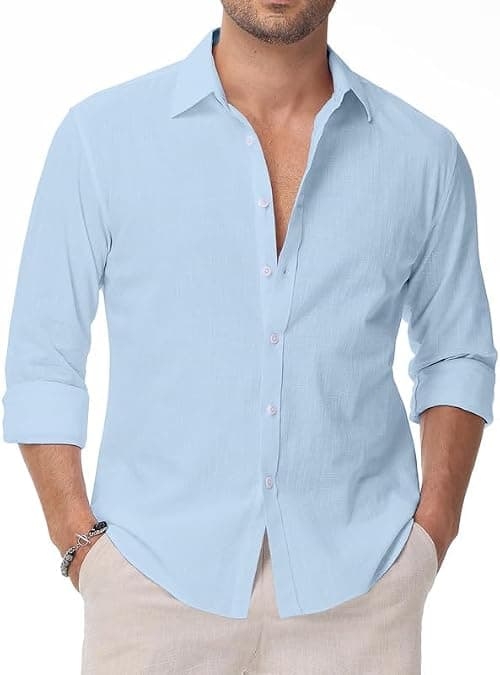 Linen Shirts for Men Casual Button Down Long Sleeve Shirt Solid Summer Beach Hawaiian Shirts on Amazon.ae - Price Tracker