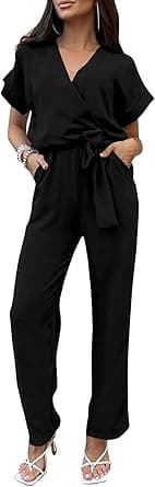 PRETTYGARDEN Women's One Piece Jumpsuits Dressy Casual Summer Short Sleeve Wrap V Neck Belted Wide Leg Pants Romper, Black, S on Amazon.ae - Price Tracker