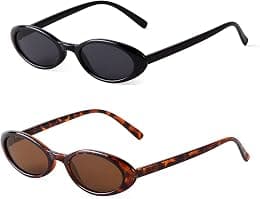 Small Oval Classic Sunglasses for Women, Womens 90’s Vintage Sun Glasses Fashion Tinted Glasses UV400 Protection (2 Pcs Black+Leopard) - Best Deal Finder