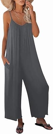 Womens Casual Sleeveless Strap Loose Adjustable Jumpsuits Stretchy Long Pants Romper with Pockets, 02 Grey, S on Amazon.ae - Price Tracker