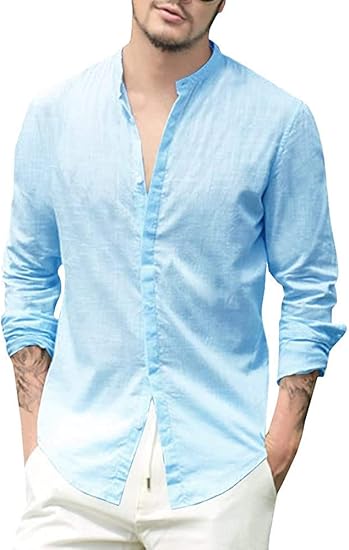 Mens Casual Long Sleeve Cotton Linen Shirts Buttons Down Solid Plain Roll-Up Sleeve Summer Beach Shirts on Amazon.ae - Price Tracker