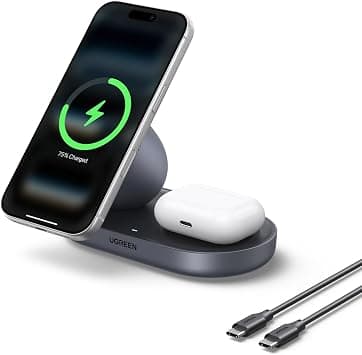 UGREEN Qi2 15W 2-in-1 Magsafe Wireless Charger Stand, Magnetic Fast Charging Station, Compatible for iPhone 17 16 15 14 13 12 Series, AirPods, for Home and Office Desk Use With 1M USB-C Cable | MagSafe Compatible, Compact Desktop Base, Wireless Charger for iPhone 12-17 Series and AirPods, Adapter Not Included على Amazon.ae - متتبع الأسعار