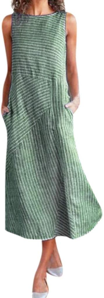 Women Casual Striped Print Sleeveless Dress Crew Neck Linen Pocket Long Dress on Amazon.ae - Price Tracker