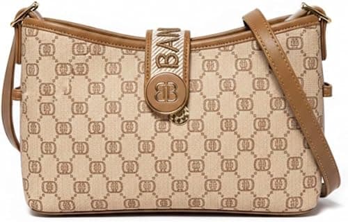 Beige Monogram Crossbody Bag with Tan Leather Trim, Signature Pattern Shoulder Handbag on Amazon.ae - Price Tracker
