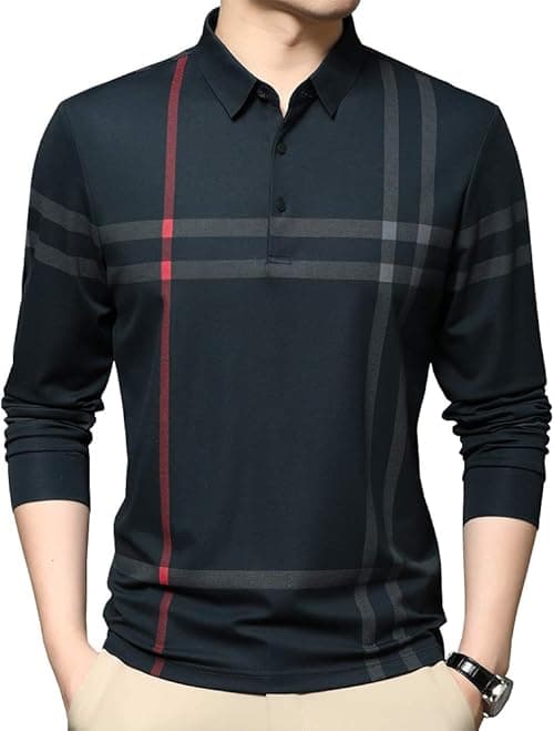 Mens Casual Striped Long Sleeve Collared T Shirt Polo Shirts on Amazon.ae - Price Tracker