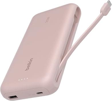 Belkin Portable Charger, Power Bank with Integrated Cable 20K PD 30W - Fast Charging USB-C Power Delivery, Portable Charger for iPhone 17 Series, iPad Pro, Galaxy S25 Series, and More - Pink على Amazon.ae - متتبع الأسعار