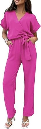 PRETTYGARDEN Women's Summer One Piece Jumpsuits Belted Short Sleeve Wrap V Neck Fashion Dressy Casual Wide Leg Pants Romper, Rose Red, M on Amazon.ae - Price Tracker