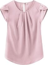 TASAMO Women's Casual Round Neck Basic Pleated Top Cap Sleeve Curved Keyhole Back Chiffon Blouse - Best Deal Finder