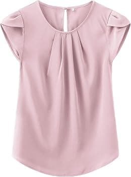 TASAMO Women's Casual Round Neck Basic Pleated Top Cap Sleeve Curved Keyhole Back Chiffon Blouse - Best Deal Finder