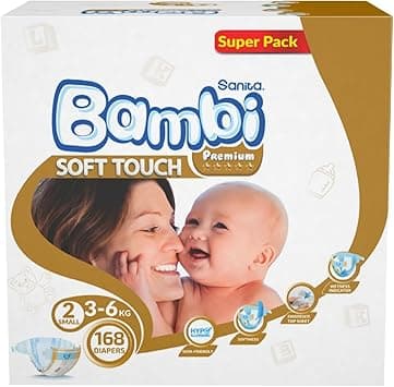 Sanita Bambi Premium Small Soft Baby Diapers, Size 2, 3-6 kg, Skin-Friendly, Wetness Indicator &amp; Umbilical Cord Cut-out for Baby’s Safety - Super pack, 168 Count on Amazon.ae - Price Tracker