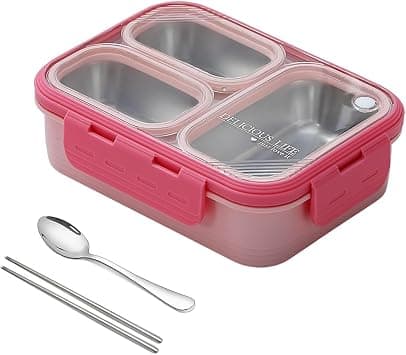 Bento Lunch Box For Kids school,Stainless Steel tiffin box with Spoon fork,Insulated Bento Box,Leak Proof Food Lunch BoX Containers with 3 Compartments,for Microwave, Dishwasher Safe (Pink, 850ml) on Amazon.ae - Price Tracker