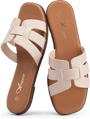 Athlefit Women's Flat Sandals Dressy Summer Square Open Toe Slip On Leather Slide Sandals on Amazon.ae - Price Tracker