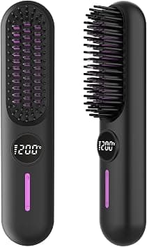 Wireless Hair Straightening Brush, Ceramic Hair Comb Cordless with 7 Temperature Settings, 2-in-1 Curling and Straightening, Type-C,LED Display, Negative Ion Technology, Black and Purple على Amazon.ae - متتبع الأسعار