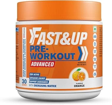FAST&UP Pre-Workout Supplement Powder for Men & Women with B-Alanine, Creatine, Taurine for Performance & Energy Boost, Orange Flavour, 300 g, 30 Servings, Pack of 1 على Amazon.ae - متتبع الأسعار