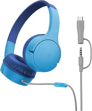 Belkin SoundForm Mini Kids Wired Headphones with USB-C to 3.5mm Dongle, Built-in Mic & Fun Stickers, 85dB Max Volume – for Online Learning, Travel, Compatible with iPhone, iPad, Galaxy, etc - Blue on Amazon.ae - Price Tracker