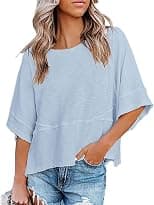 Womens Fashion T-Shirt CrewNeck 3/4 Sleeves Solid Color Loose Basic Pullover Tops Summer Casual Tees Blouses - Best Deal Finder