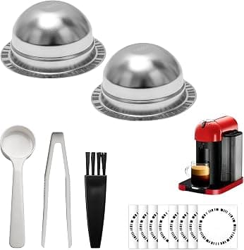 Reusable Coffee Pods for Nespresso Vertuo Machine, (230mL＆150mL) Stainless Steel Refillable Capsules Compatible with Vertuo Plus/Pop/Next Includes Barcode Stickers, Silicone Lid ＆ Tools on Amazon.ae - Price Tracker