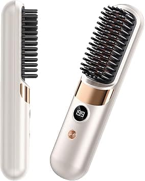 Cordless Hair Straightener Brush - Portable Rechargeable Ceramic Styling Brush with 4 Adjustable Heat Modes & LED Display (Cream White) على Amazon.ae - متتبع الأسعار