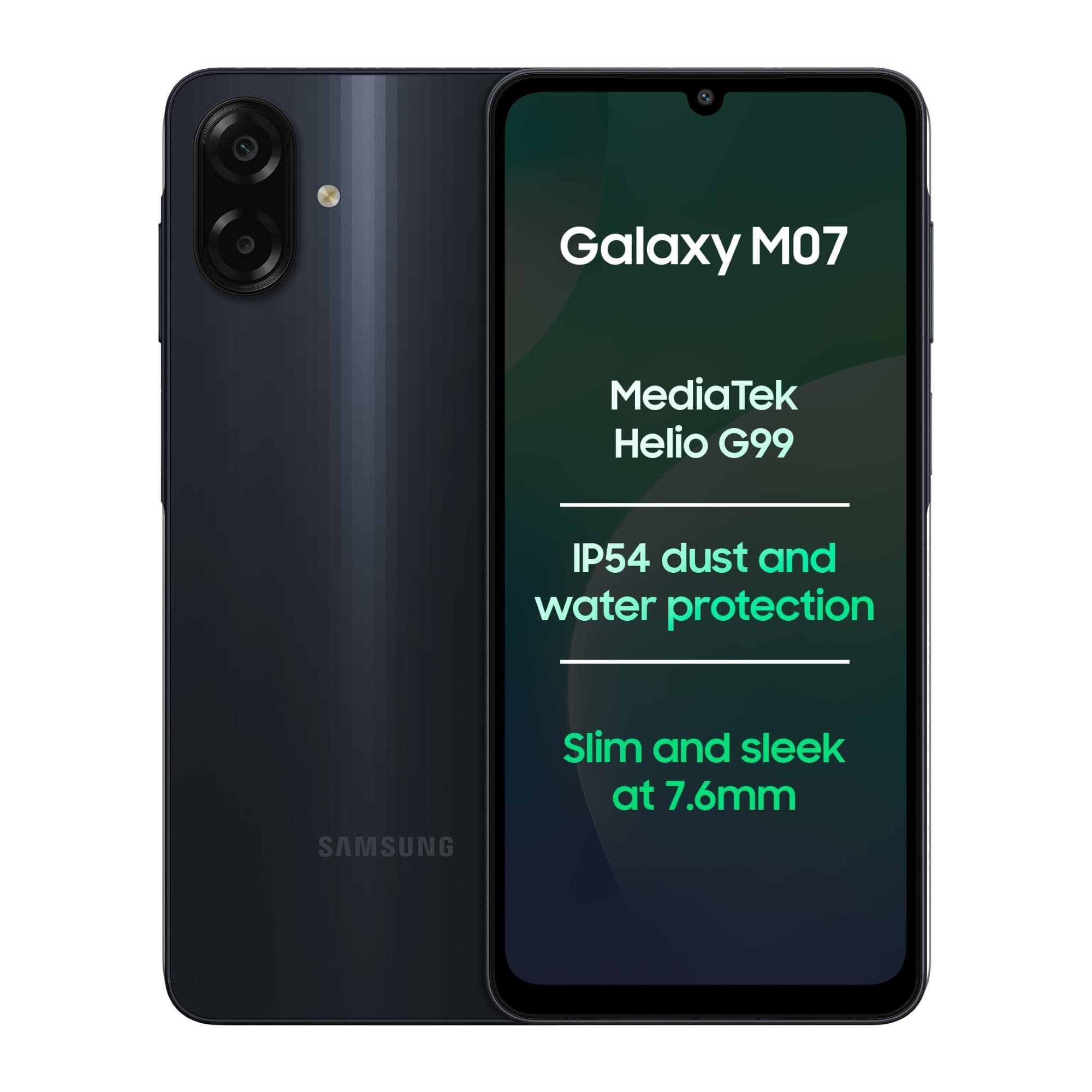 Samsung Galaxy M07 (Black, 4GB RAM, 64GB Storage) | MediaTek Helio G99 | IP54 Rating | 50MP Auto Focus Camera | 7.6mm Slim | 5000mAh Battery| 25W Fast Charging | 6 Gen of OS Upgrades | Without Charger on Amazon.ae - Price Tracker