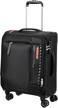 American Tourister Marina Suitcase, Cabin Size 57 cm, 4 Spinner Wheels, Soft Top, 100% Polyester, Black|Inner Mesh Zippered Pocket|Expandable|TSA Lock|Front Pocket - 3 Years Global Warranty on Amazon.ae - Price Tracker