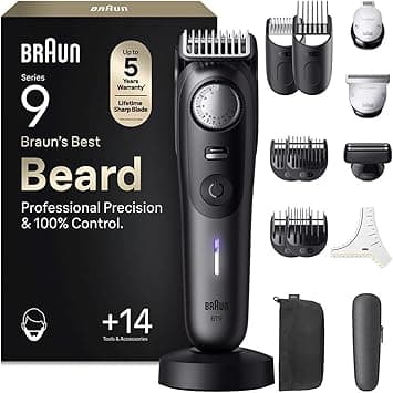 Braun Beard Trimmer Series 9, with 14 Barber Tools, Power Boost & Lifetime Sharp ProBlade Blade, 180 Min Battery Life, with Fade, 52 Lengths, Precision Wheel & Locking, Waterproof, BT9565, Titanium - Amazon.ae Price Tracker