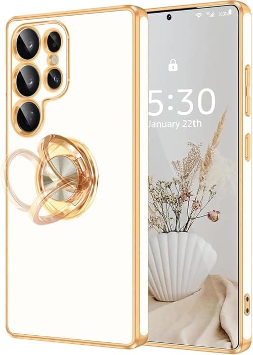 for Galaxy S25 Ultra Case [360°Rotatable Ring Holder] Support Magnetic Car Mount Shiny Plating Gold Slim Thin Soft TPU Anti-scratch Phone Cover for Women Girls (White, S25 Ultra) on Amazon.ae - Price Tracker