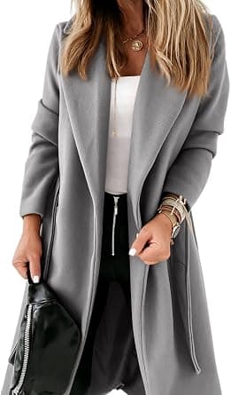 Womens Classic Coat Lapel Collar Open Front Belted Long Jacket - Best Deal Finder