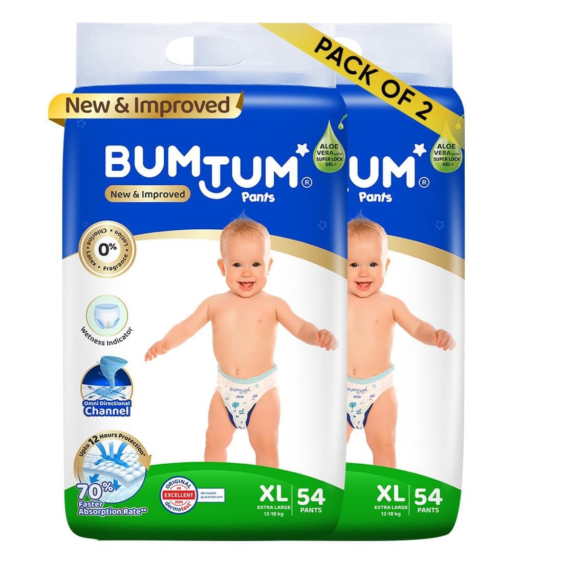 Bumtum Baby Diaper Pants, XL (Size 5), 12-18 kg, Double Layer Leakage Protection Infused With Aloe Vera, Cottony Soft High Absorb Technology, 108 Diaper on Amazon.ae - Price Tracker