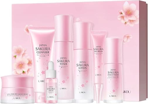 LAIKOU Sakura Skincare Set, Skincare Gift Set, with Cleanser, Toner, Lotion, Serum, Eye Cream, Face Cream, Makeup Primer, for Women Teenage Girls Mom Daughter Birthday Gift - Best Deal Finder