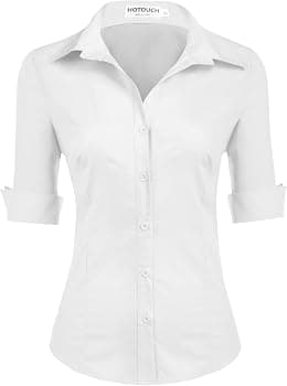 HOTOUCH Womens Blouse Cotton Shirt 3/4 Sleeve Formal Work Ladies Office Shirt Basic Fitted Shirts Button Placket Tops Short Sleeve V-Neck Top XS-XXL - Best Deal Finder