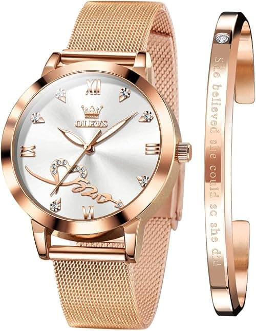 OLEVS Rose Gold Watch for Women Mesh Strap Fashion Dress Hearts Japanese Quartz Waterproof Luminous Ladies Watches Bracelet Sets على Amazon.ae - متتبع الأسعار