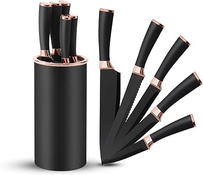 6-Piece Knife Set with Block, Black & Rose Gold Stainless Steel Knives, Extra-Sharp Blades, Non-Slip PP Handles, Chef Knife Set for Kitchen on Amazon.ae - Price Tracker