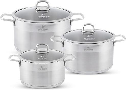 LIFE SMILE Cookware Set- Pure 18/10 Stainless Steel Cooking Set - Induction Base Pots and Pans Set - Non-Toxic, 100% PFOA, PTFE & PFOS Free - Oven Safe Kitchen Sets (Silver, (24/28/32CM) 6 Pieces) on Amazon.ae - Price Tracker