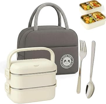 Stainless Steel Lunch Box - 1400ml 2 -Layer Bento Box with Insulated Bag, Spoon & Fork, Leakproof, BPA-Free, Dishwasher Safe - Ideal for Kids & Adults, Office, School, Travel (Cream White) - Best Deal Finder