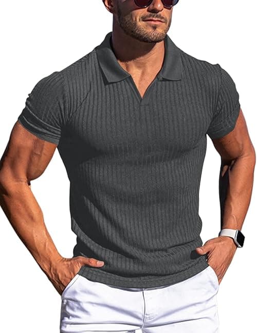 Men's Muscle V Neck Polo Shirts Slim Fit Short Long Sleeve Cotton Golf T-Shirts Ribbed Knit Soft Tees on Amazon.ae - Price Tracker