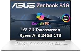 ASUS Zenbook S 16 AI Laptop (16" 3K AMOLED Touchscreen, AMD Ryzen AI 9 365 (>Intel Ultra 7 155H), 24GB DDR5, 1TB SSD) Thin & Light Copilot+ PC for Business, Backlit, Wi-Fi 7, Win 11 Pro, UM5606, White - Best Deal Finder