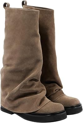 MAVMAX Women Fold Over Knee High Boots Casual Round Toe Coverd Slouched Leather Pull On Wide Calf Chunky Low Heel Platform Boots - Best Deal Finder