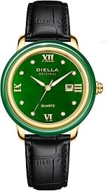 Diella Ladies Quartz Watch with Leather Strap, Dark Green Jade and Gold/Silver Stainless Steel Waterproof Luxury Dress Wrist Watches for Women (AD5002L) - Best Deal Finder